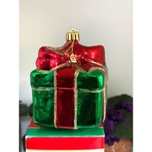 Hand-Painted Mercury Glass Christmas Ornament Gift Box Shape Red & Green With Go